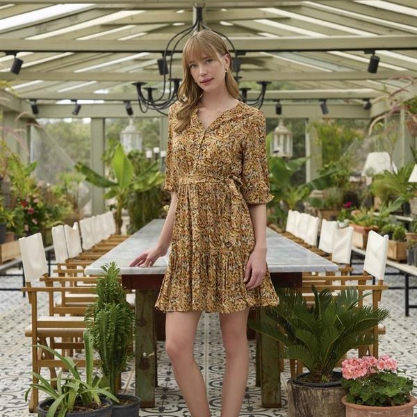 Arias Closet %100 Viskon Çiçek Ve Yaprak Desenli Kuşaklı Elbise