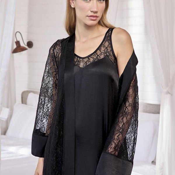 Arias Closet %100 Viskon Dantelli Ve Dekolteli Saten Sabahlık Takımı