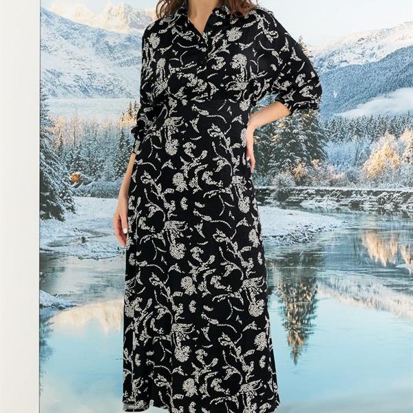 Arias Closet %100 Viskon Desenli Truvakar Kollu Saten Elbise