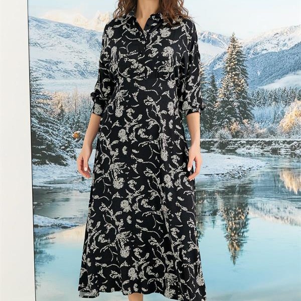 Arias Closet %100 Viskon Desenli Truvakar Kollu Saten Elbise