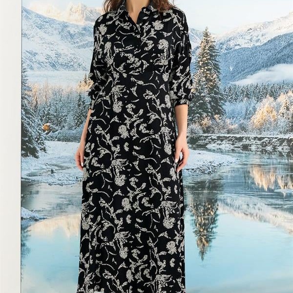 Arias Closet %100 Viskon Desenli Truvakar Kollu Saten Elbise