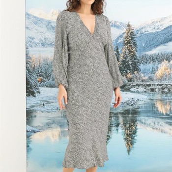 Arias Closet %100 Viskon Desenli Uzun Kollu Saten Elbise