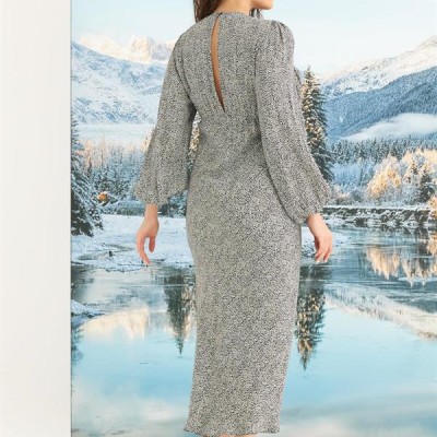 Arias Closet %100 Viskon Desenli Uzun Kollu Saten Elbise