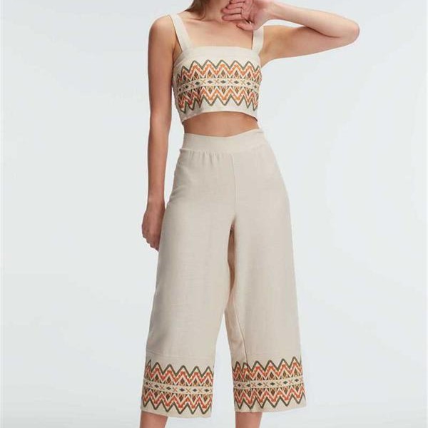 Arias Closet Askılı Oyuk U Yaka Geometrik Yazlık Uzun Nakış Detaylı Pijama Takımı