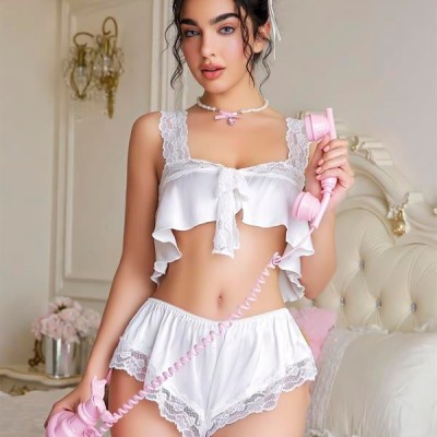 Arias Closet Beyaz Dantel İşlemeli Sütyenli Saten Şortlu Takım