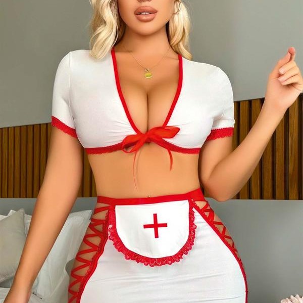 Arias Closet Beyaz Kenarları İp Detaylı Fantezi Hemşire Kostüm