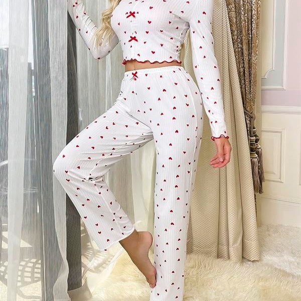 Arias Closet Beyaz Üstüne Kalp Desenli Kırmızı Kurdelalı Pamuklu Pijama Takımı