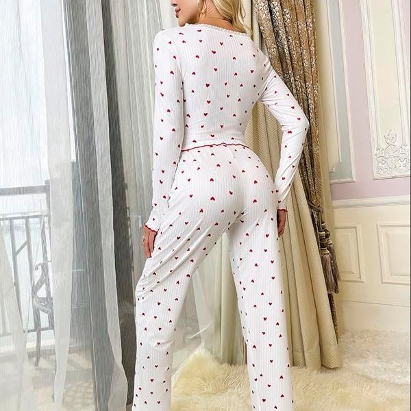 Arias Closet Beyaz Üstüne Kalp Desenli Kırmızı Kurdelalı Pamuklu Pijama Takımı