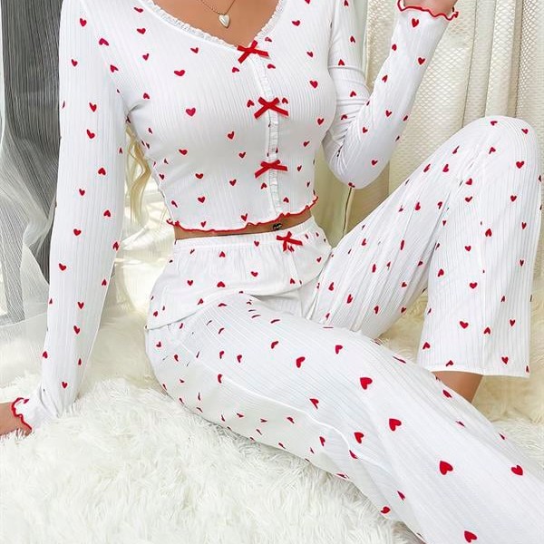 Arias Closet Beyaz Üstüne Kalp Desenli Kırmızı Kurdelalı Pamuklu Pijama Takımı