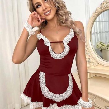 Arias Closet Bordo Beyaz Aksesuarlı Dantelli Fantezi Hizmetçi Kostümü