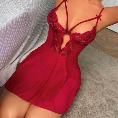 Arias Closet Bordo Dantel İşlemeli Göğüs İp Detaylı Fantezi Tül Gecelik Takımı