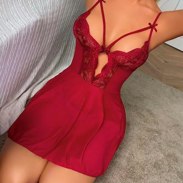 Arias Closet Bordo Dantel İşlemeli Göğüs İp Detaylı Fantezi Tül Gecelik Takımı