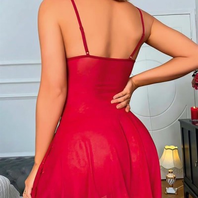 Arias Closet Bordo Dantel İşlemeli Göğüs İp Detaylı Fantezi Tül Gecelik Takımı