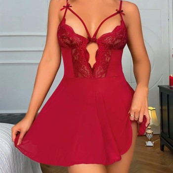 Arias Closet Bordo Dantel İşlemeli Göğüs İp Detaylı Fantezi Tül Gecelik Takımı