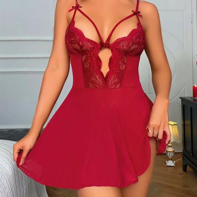 Arias Closet Bordo Dantel İşlemeli Göğüs İp Detaylı Fantezi Tül Gecelik Takımı