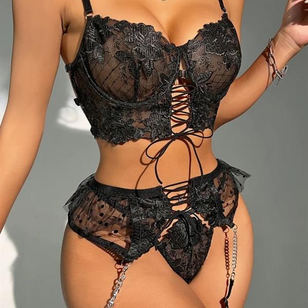 Arias Closet Büstiyerli Dantel Fantezi Siyah Jartiyer Takımı