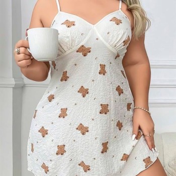 Arias Closet Büyük Beden Ayıcık Desenli Pamuklu İnce Askılı Mini Gecelik