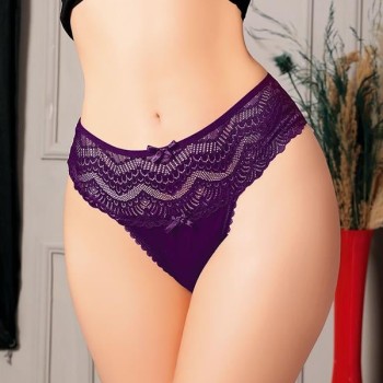 Arias Closet Büyük Beden Bel Kısmı Dantelli Fantezi Mor Tanga String