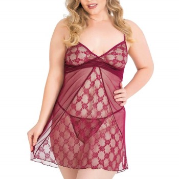 Arias Closet Büyük Beden Bordo Kısa Tül Gecelik