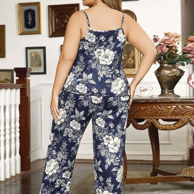 Arias Closet Büyük Beden Çiçek Desenli İnce Askılı Lacivert 2'Li Takım