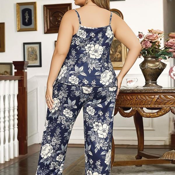 Arias Closet Büyük Beden Çiçek Desenli İnce Askılı Lacivert 2'Li Takım