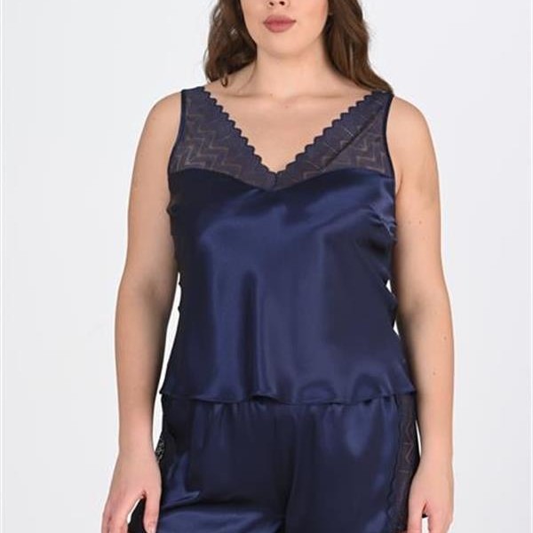 Arias Closet Büyük Beden Dantel İşlemeli Lacivert Saten Şortlu Gecelik Takımı