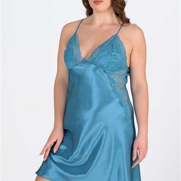 Arias Closet Büyük Beden Dantel İşlemeli Petrol Mavisi Saten Gecelik