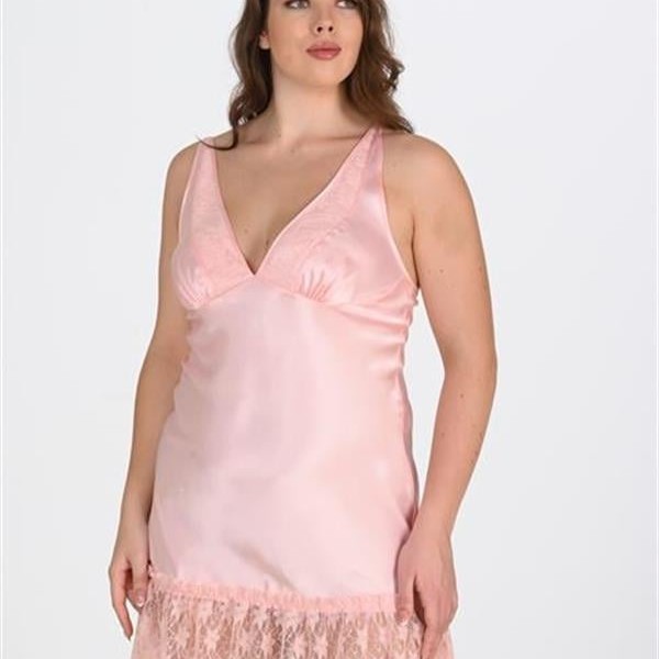 Arias Closet Büyük Beden Dantel İşlemeli Somon Saten Gecelik