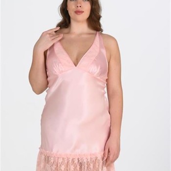 Arias Closet Büyük Beden Dantel İşlemeli Somon Saten Gecelik