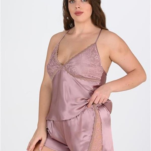 Arias Closet Büyük Beden Dantel İşlemeli Vizon Saten Şort Takımı