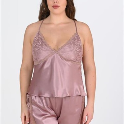 Arias Closet Büyük Beden Dantel İşlemeli Vizon Saten Şort Takımı