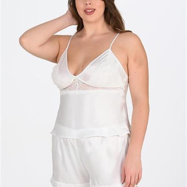 Arias Closet Büyük Beden Ekru Saten Şort Takımı