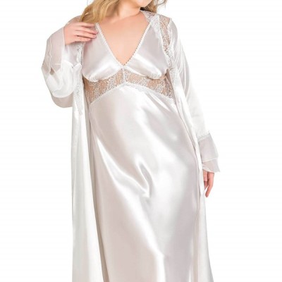 Arias Closet Büyük Beden Ekru Uzun İkili Saten Sabahlık Gecelik Takımı