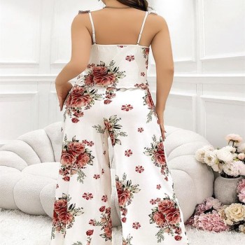 Arias Closet Büyük Beden Gül Desenli İnce Askılı Beyaz Salaş 2'Li Takım