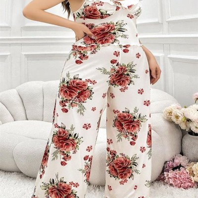 Arias Closet Büyük Beden Gül Desenli İnce Askılı Beyaz Salaş 2'Li Takım