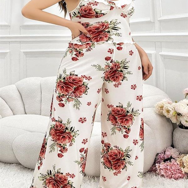 Arias Closet Büyük Beden Gül Desenli İnce Askılı Beyaz Salaş 2'Li Takım