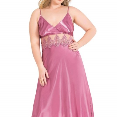 Arias Closet Büyük Beden Gül Kurusu Uzun İkili Saten Sabahlık Gecelik Takımı