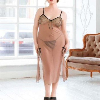 Arias Closet Büyük Beden Kahverengi Tül Fantezi Uzun Yırtmaçlı Gecelik