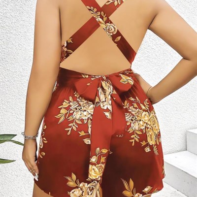 Arias Closet Büyük Beden Kahverengi Üstüne Çiçek Desenli Sırt Detaylı Elbise