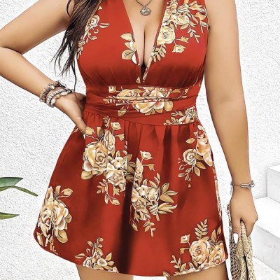 Arias Closet Büyük Beden Kahverengi Üstüne Çiçek Desenli Sırt Detaylı Elbise