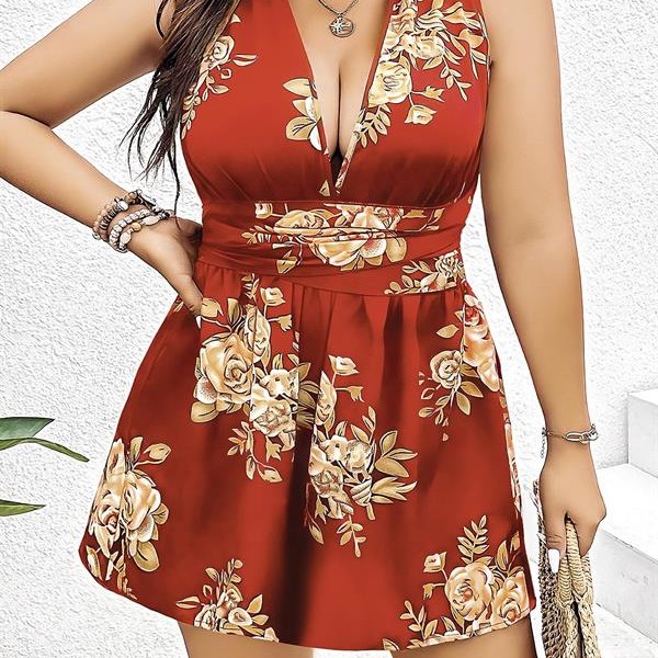 Arias Closet Büyük Beden Kahverengi Üstüne Çiçek Desenli Sırt Detaylı Elbise