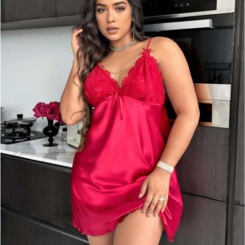 Arias Closet Büyük Beden Kırmızı Dantel İşlemeli Saten Gecelik