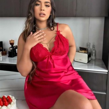 Arias Closet Büyük Beden Kırmızı Dantel İşlemeli Saten Gecelik