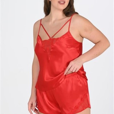 Arias Closet Büyük Beden Kırmızı Dantel İşlemeli Saten Şortlu Gecelik Takımı