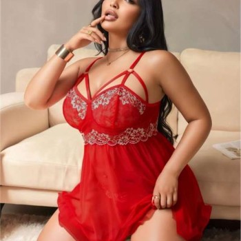 Arias Closet Büyük Beden Kırmızı Dantel İşlemeli Tül Gecelik