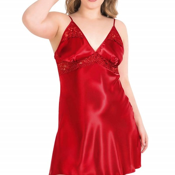 Arias Closet Büyük Beden Kırmızı Kısa İkili Saten Sabahlık Gecelik Takımı