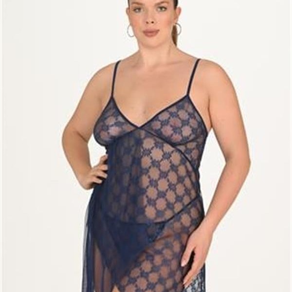 Arias Closet Büyük Beden Lacivert Dantel İşlemeli Tül Gecelik