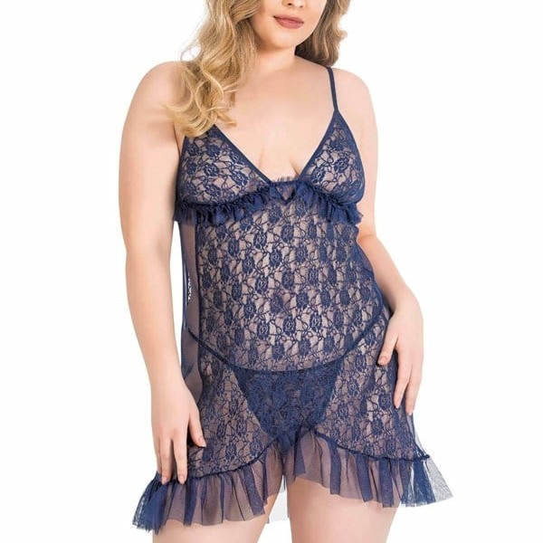 Arias Closet Büyük Beden Lacivert Kısa Tül Gecelik