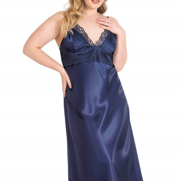 Arias Closet Büyük Beden Lacivert Uzun İkili Saten Sabahlık Gecelik Takımı
