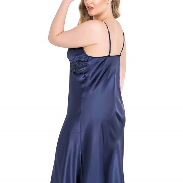 Arias Closet Büyük Beden Lacivert Uzun İkili Saten Sabahlık Gecelik Takımı